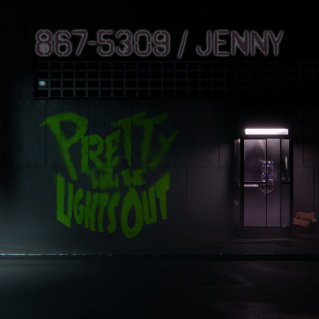 867-5309 / Jenny single art: the band logo glowing green beside a lit phone booth